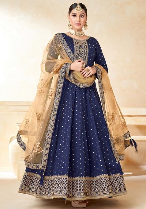 Navy Blue Embroidered Silk Anarkali Gown Set