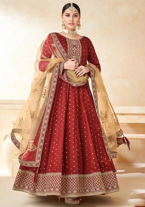 Red Embroidered Silk Anarkali Gown Set