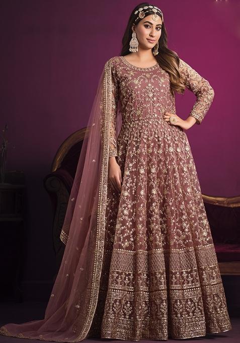 Onion Pink Embroidered Net Anarkali Gown Set