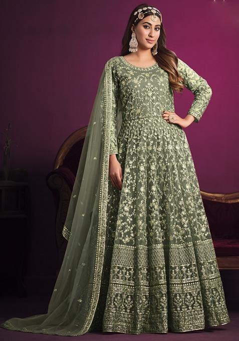 Green Embroidered Net Anarkali Gown Set