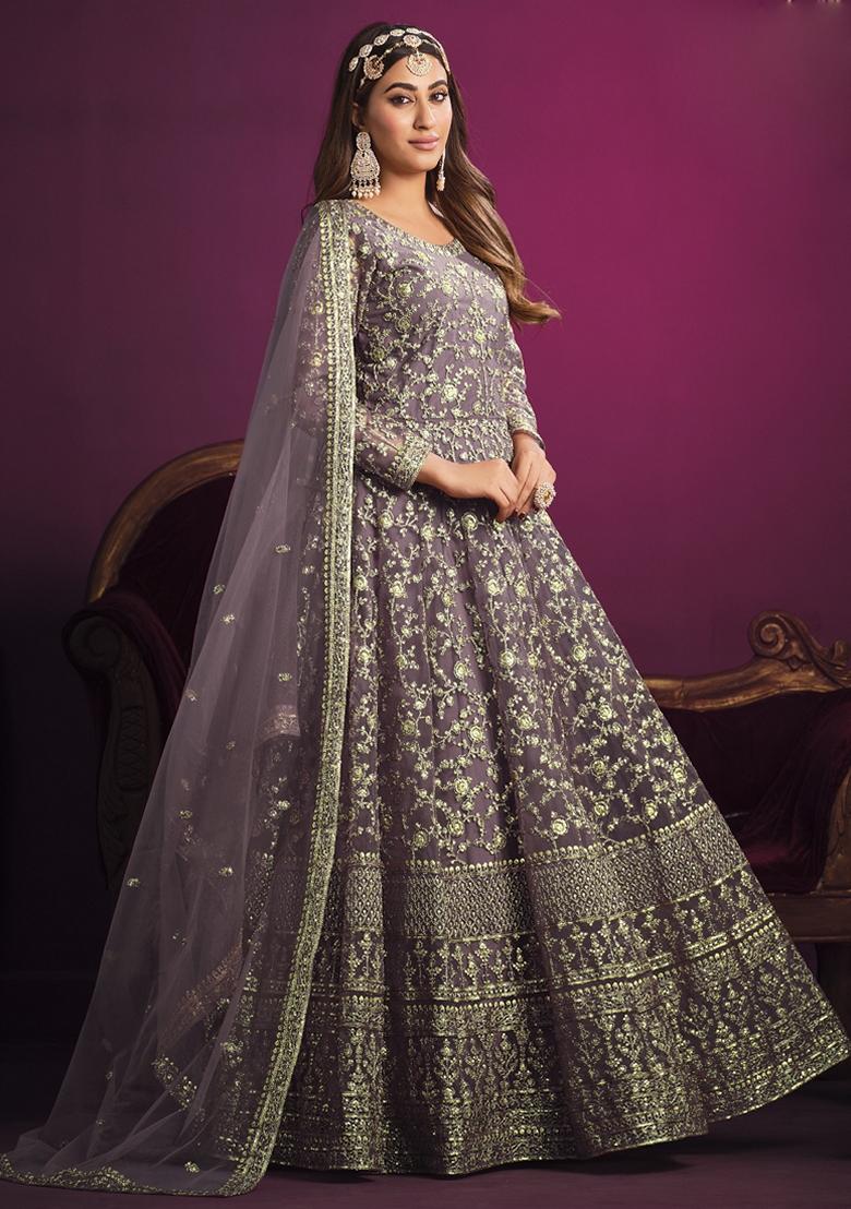 Purple Embroidered Net Anarkali Gown Set
