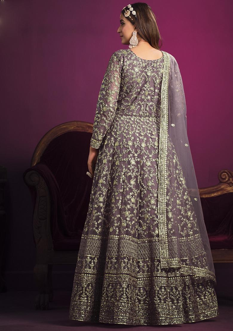Purple Embroidered Net Anarkali Gown Set