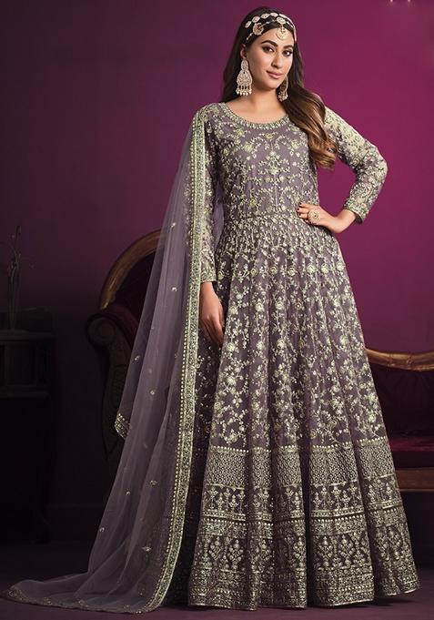 Purple Embroidered Net Anarkali Gown Set