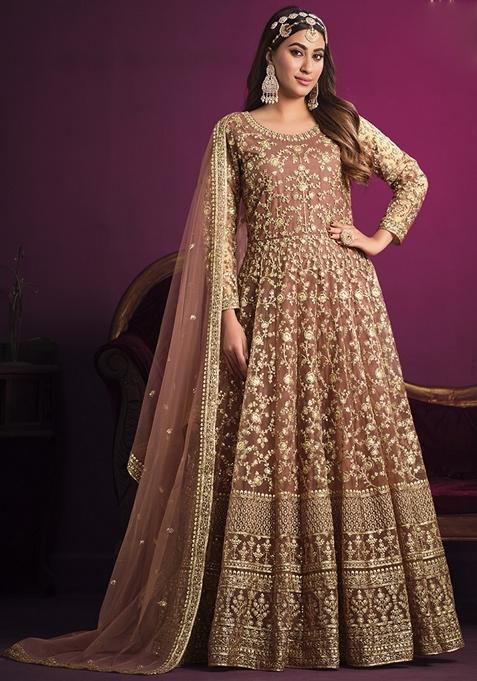 Peach Embroidered Net Anarkali Gown Set