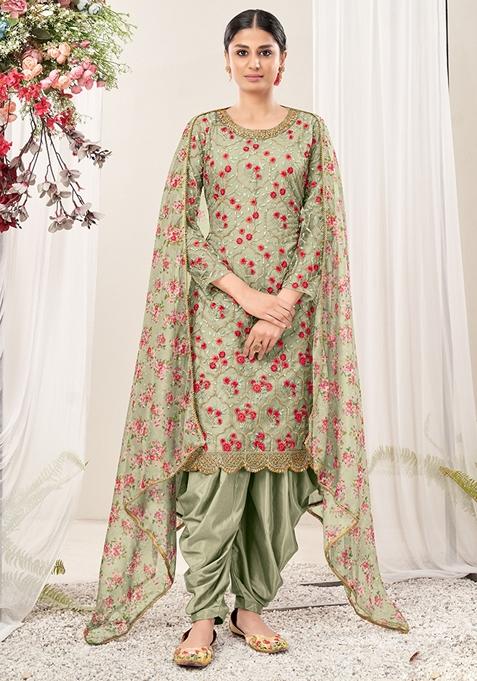 Light Green Embroidered Net Kurta Set