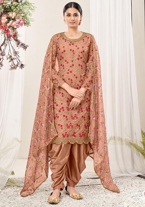 Peach Embroidered Net Kurta Set