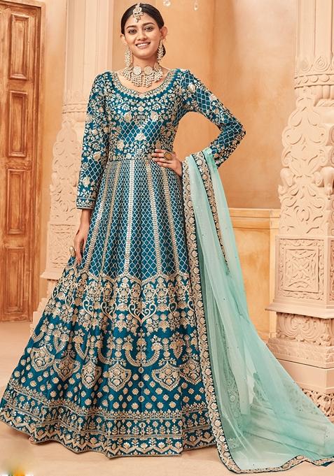 Turquoise Embroidered Silk Anarkali Gown Set