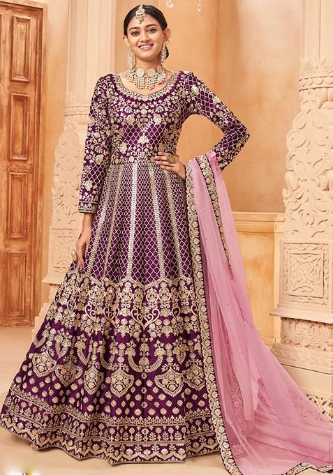 Wine Embroidered Silk Anarkali Gown Set