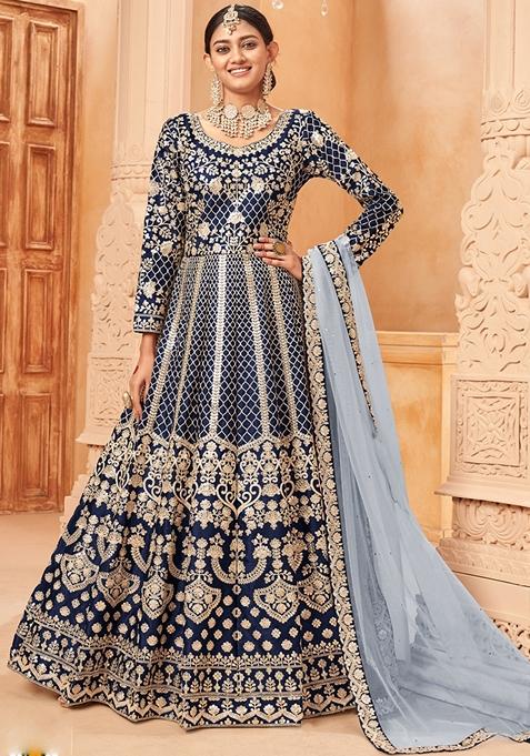 Navy Blue Embroidered Silk Anarkali Gown Set