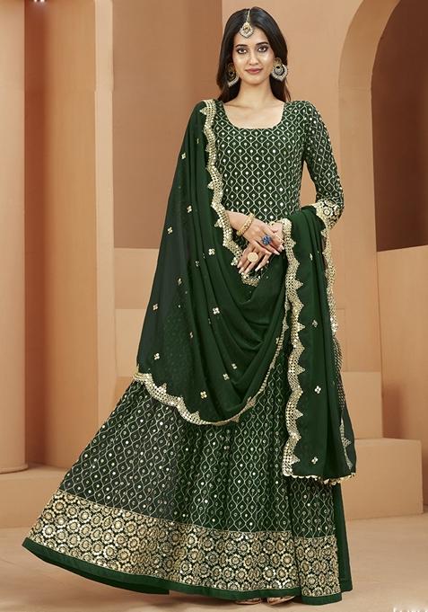 Green Embroidered Georgette Anarkali Gown Set