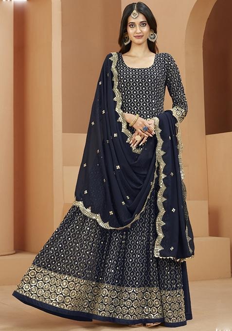 Navy Blue Embroidered Georgette Anarkali Gown Set