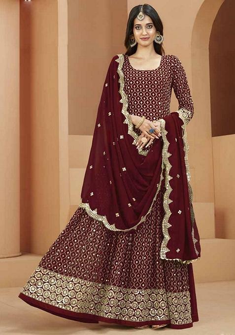 Maroon Embroidered Georgette Anarkali Gown Set