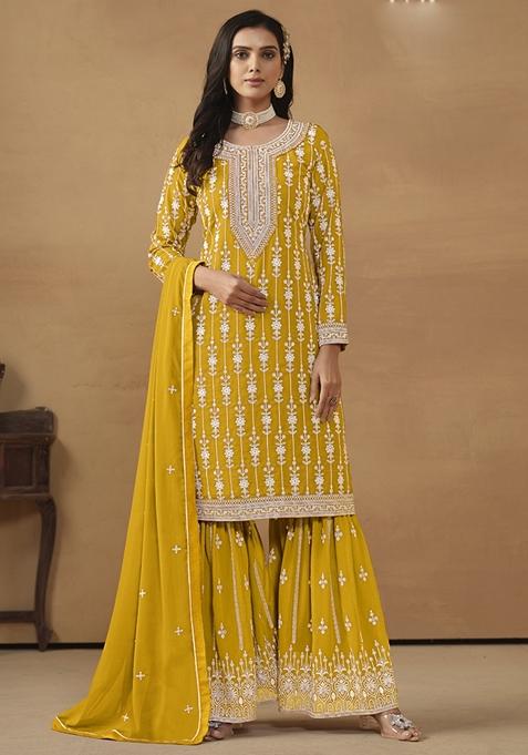 Yellow Embroidered Georgette Kurta Set