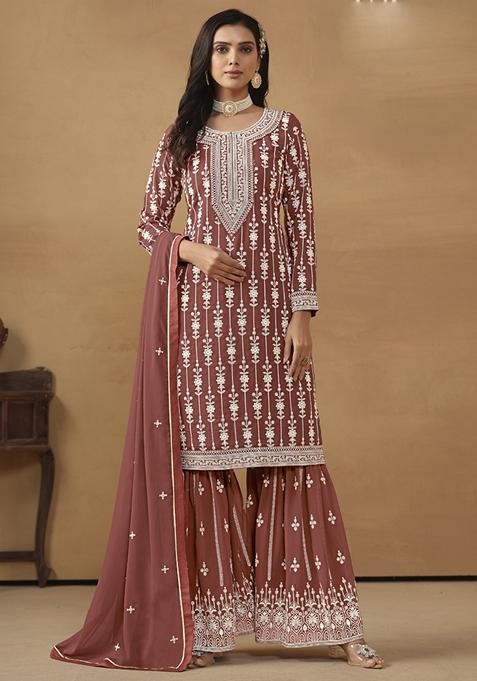 Brown Embroidered Georgette Kurta Set