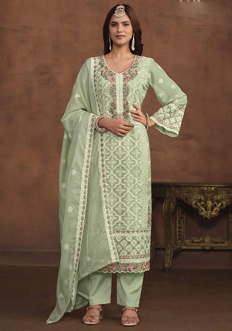 Light Green Embroidered Organza Kurta Set