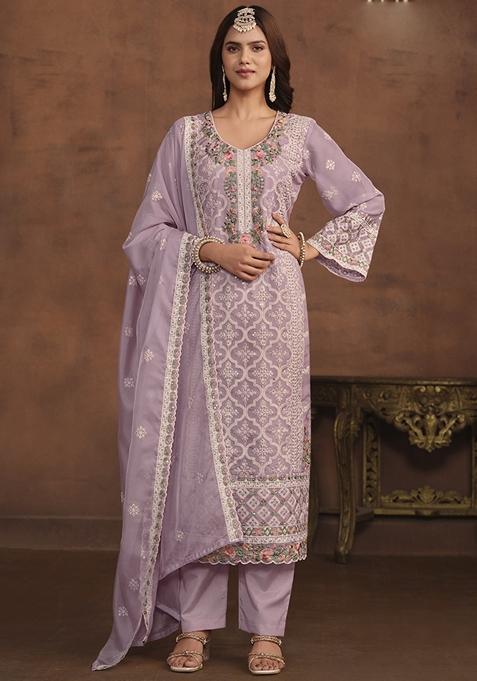 Lavender Embroidered Organza Kurta Set