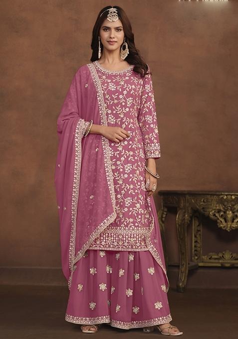 Pink Embroidered Georgette Kurta Set