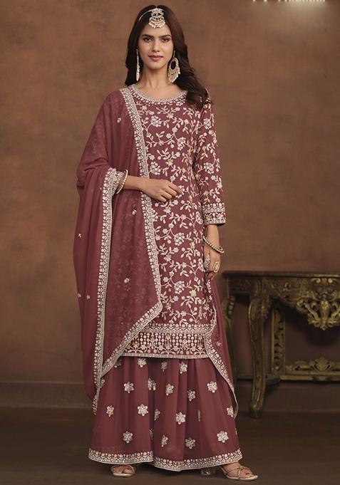 Brown Embroidered Georgette Kurta Set