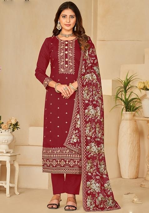 Red Printed Silk Kurta Set