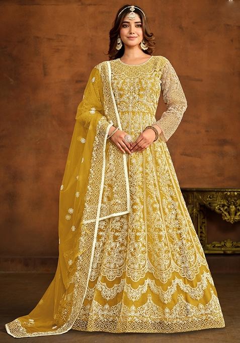 Yellow Embroidered Net Anarkali Gown Set