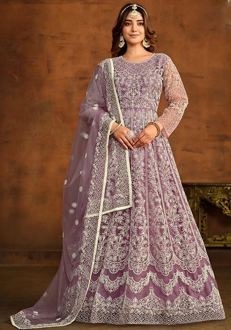 Onion Pink Embroidered Net Anarkali Gown Set