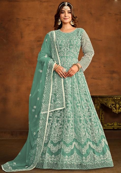 Green Embroidered Net Anarkali Gown Set