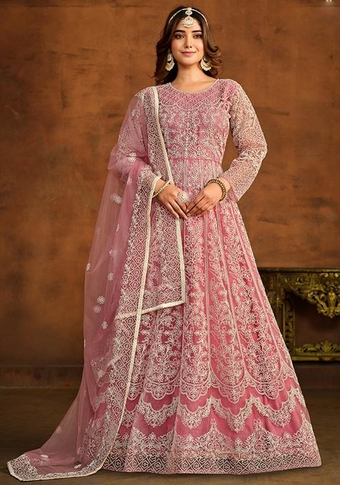 Pink Embroidered Net Anarkali Gown Set