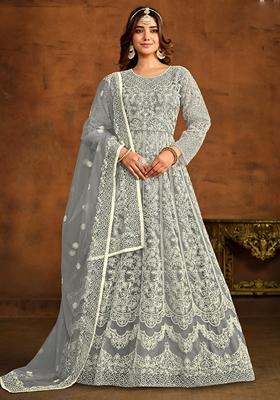 Grey Embroidered Net Anarkali Gown Set