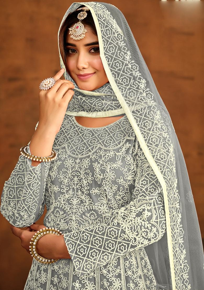 Grey Embroidered Net Anarkali Gown Set - Indya