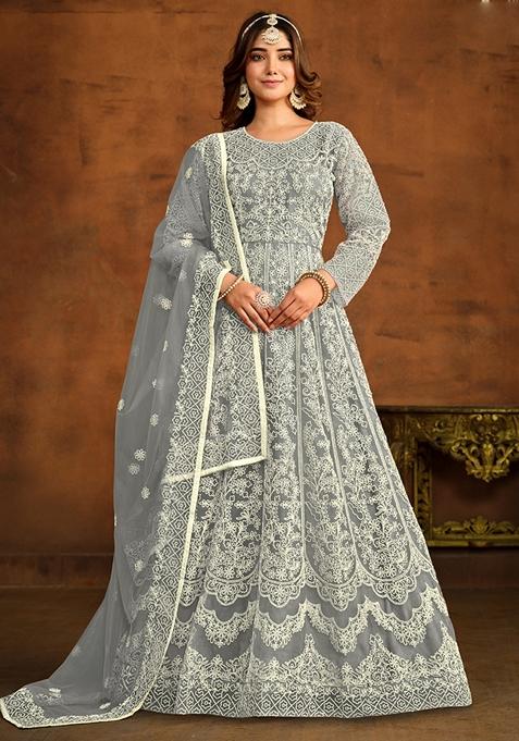 Grey Embroidered Net Anarkali Gown Set