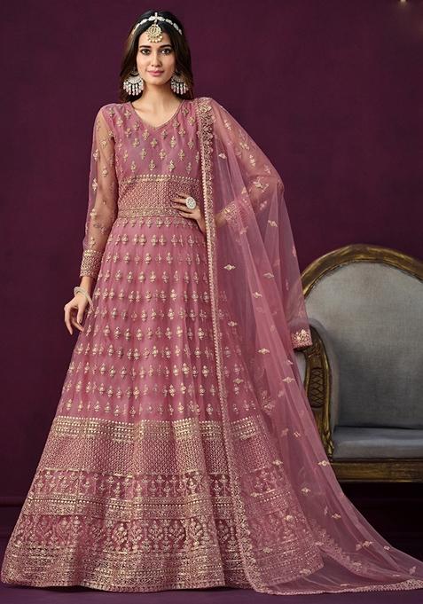 Pink Embroidered Net Anarkali Gown Set