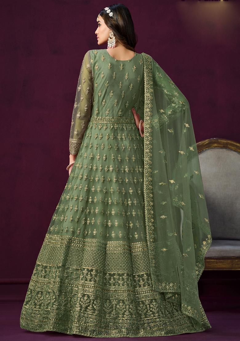 Mehendi Embroidered Net Anarkali Gown Set - Indya