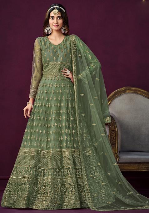 Mehendi Embroidered Net Anarkali Gown Set