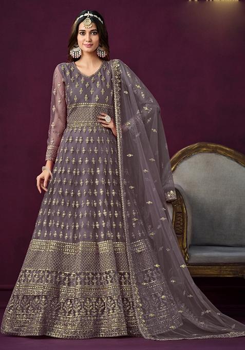 Grey Embroidered Net Anarkali Gown Set