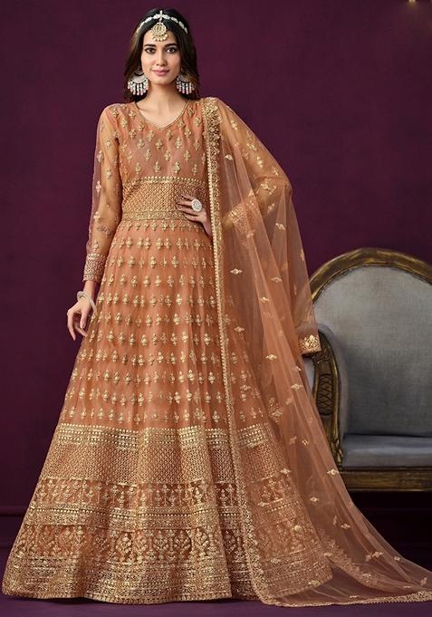 Orange Embroidered Net Anarkali Gown Set