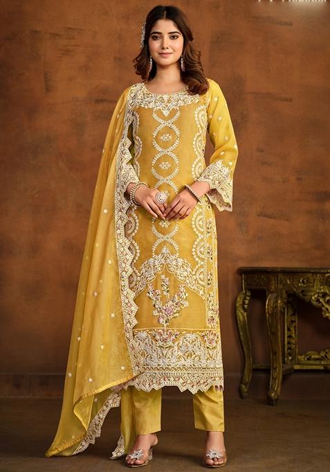 Yellow Embroidered Organza Kurta Set