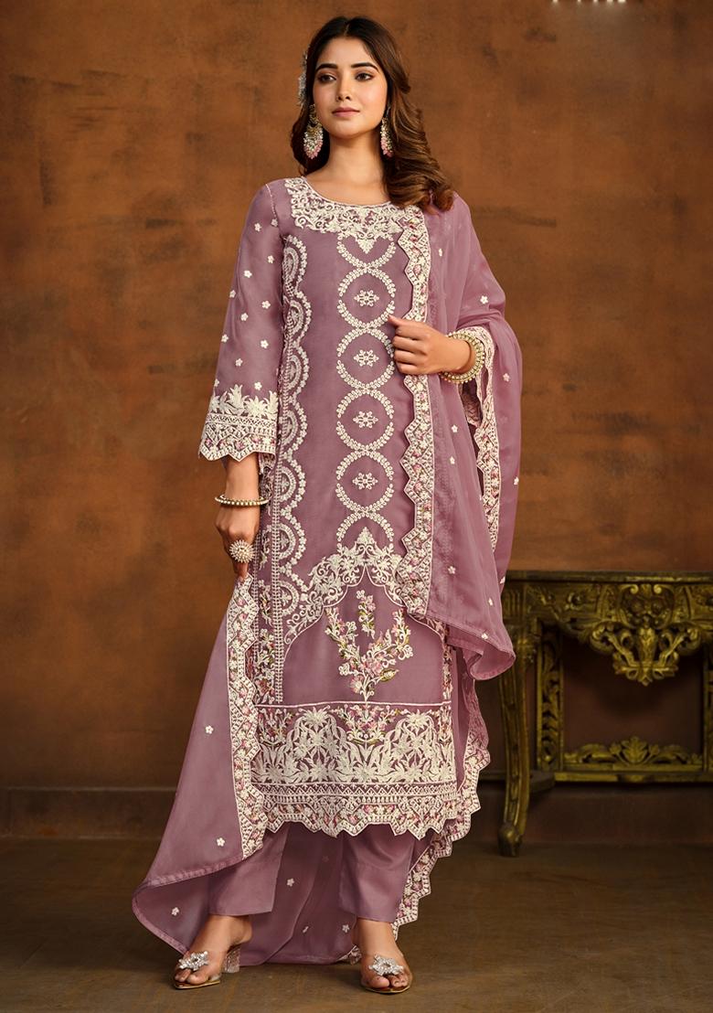Onion Pink Embroidered Organza Kurta Set