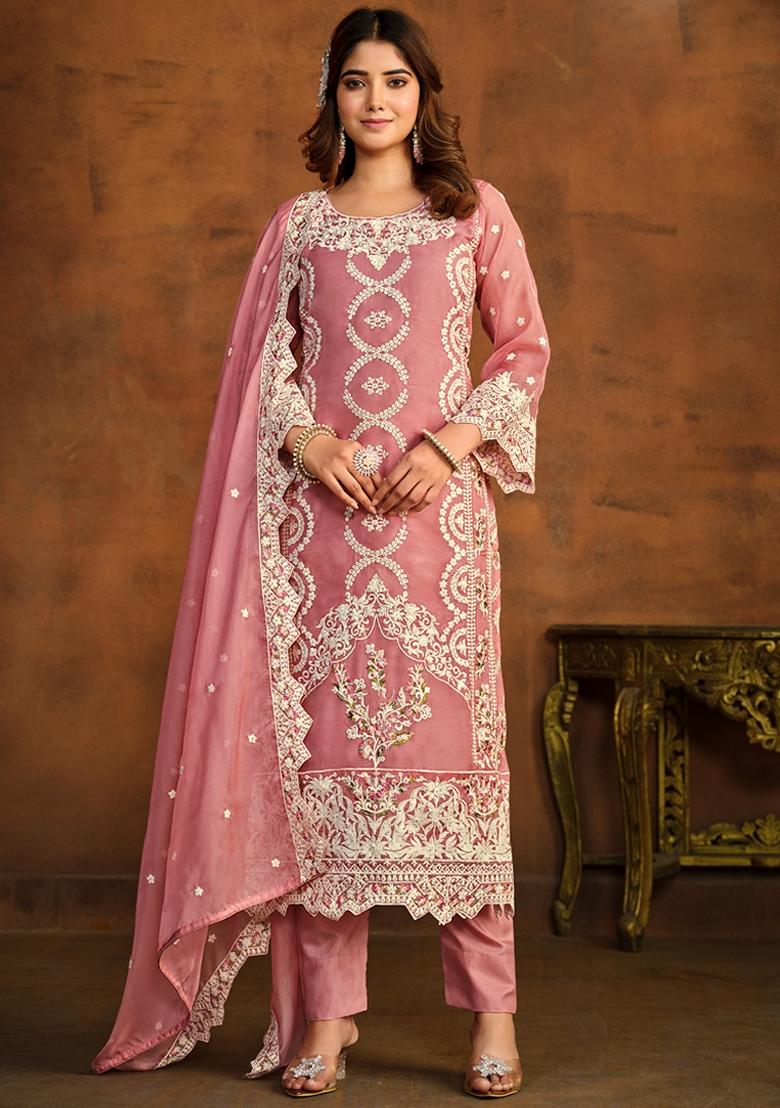 Peach Embroidered Organza Kurta Set