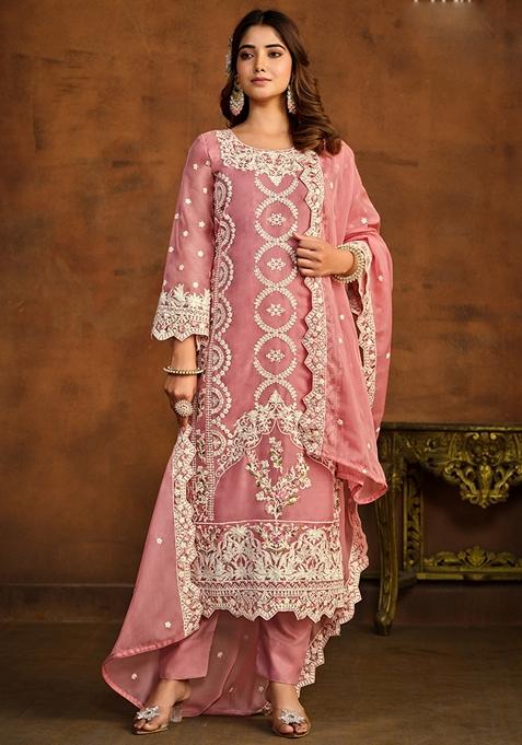 Peach Embroidered Organza Kurta Set