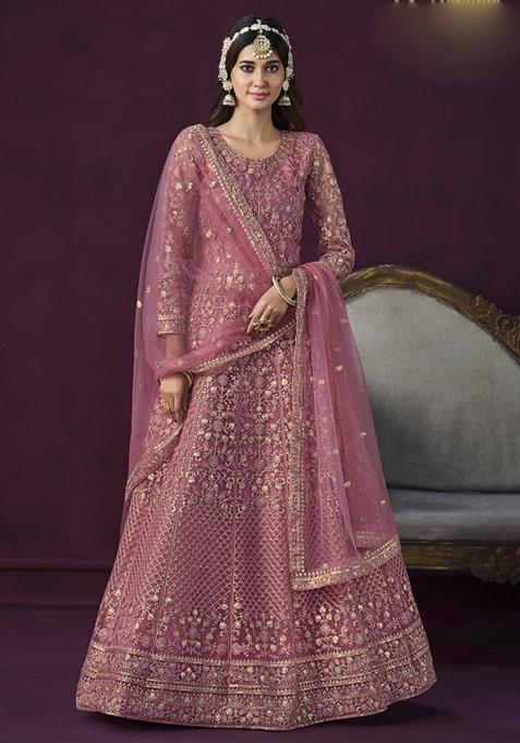 Pink Embroidered Net Anarkali Gown Set