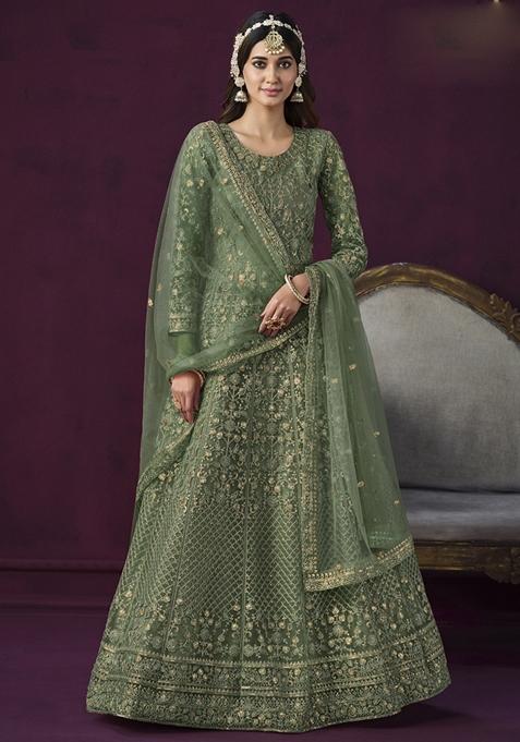 Green Embroidered Net Anarkali Gown Set