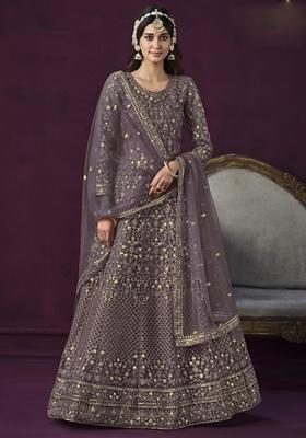 Purple Embroidered Net Anarkali Gown Set