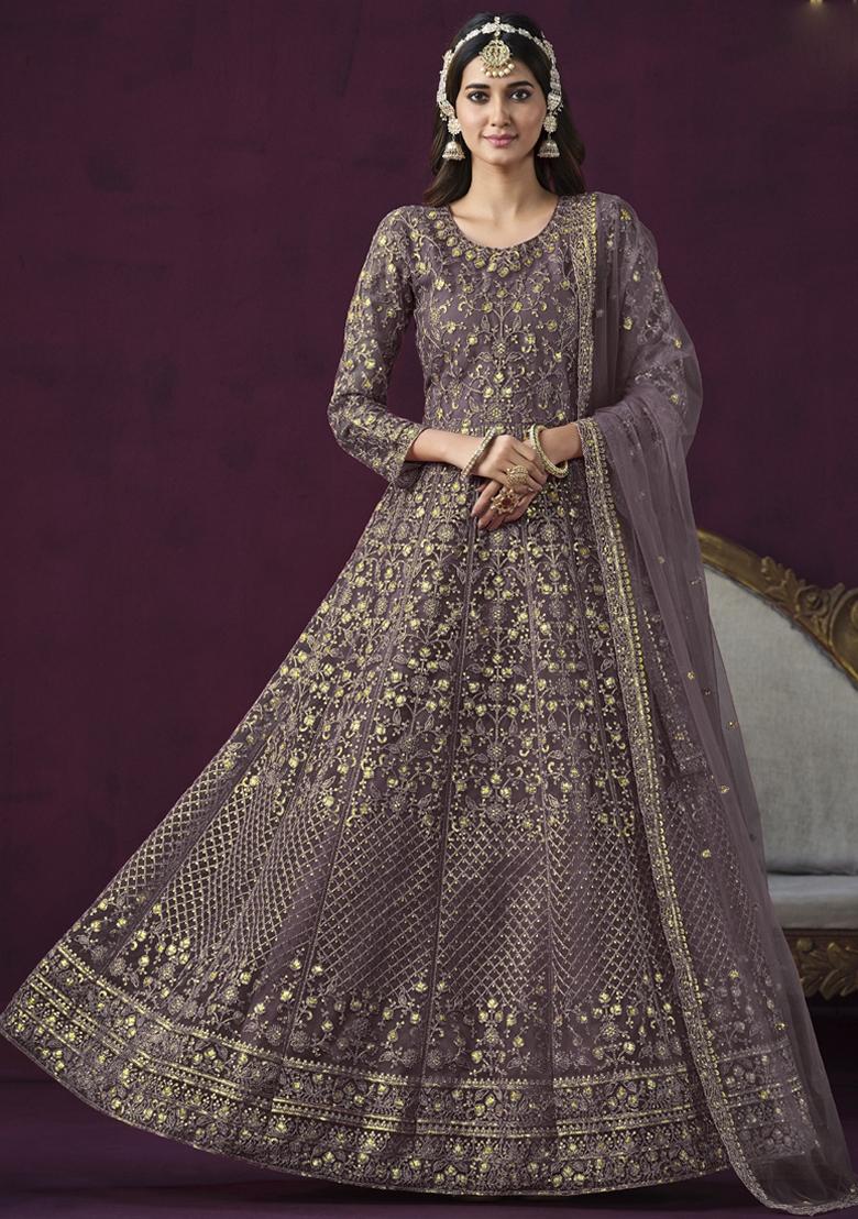 Purple Embroidered Net Anarkali Gown Set