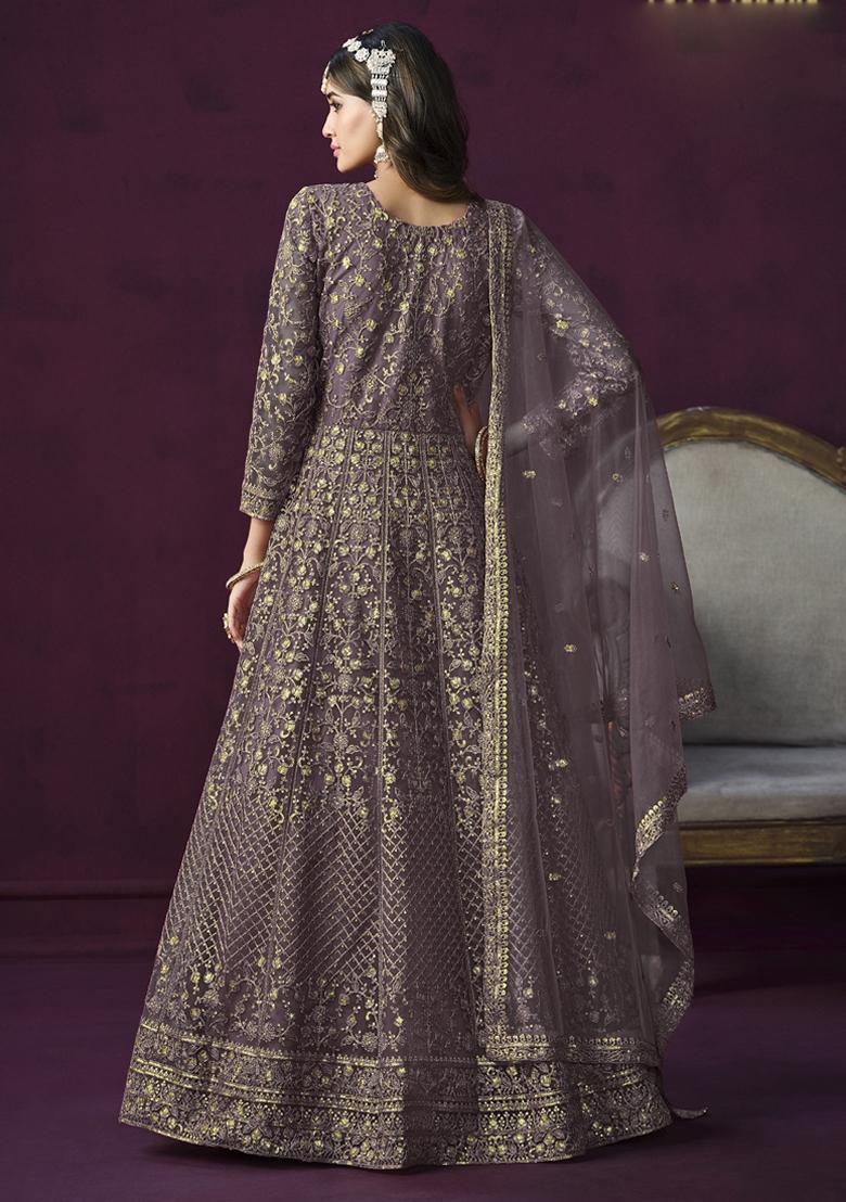 Purple Embroidered Net Anarkali Gown Set