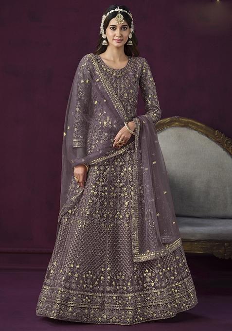 Purple Embroidered Net Anarkali Gown Set