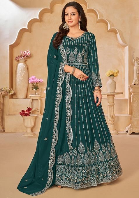 Teal Embroidered Georgette Anarkali Gown Set