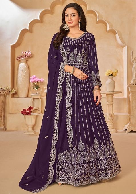 Wine Embroidered Georgette Anarkali Gown Set