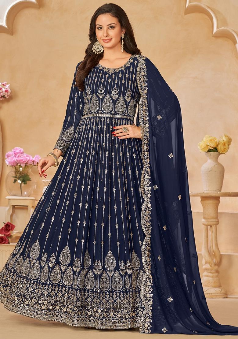 Navy Blue Embroidered Georgette Anarkali Gown Set