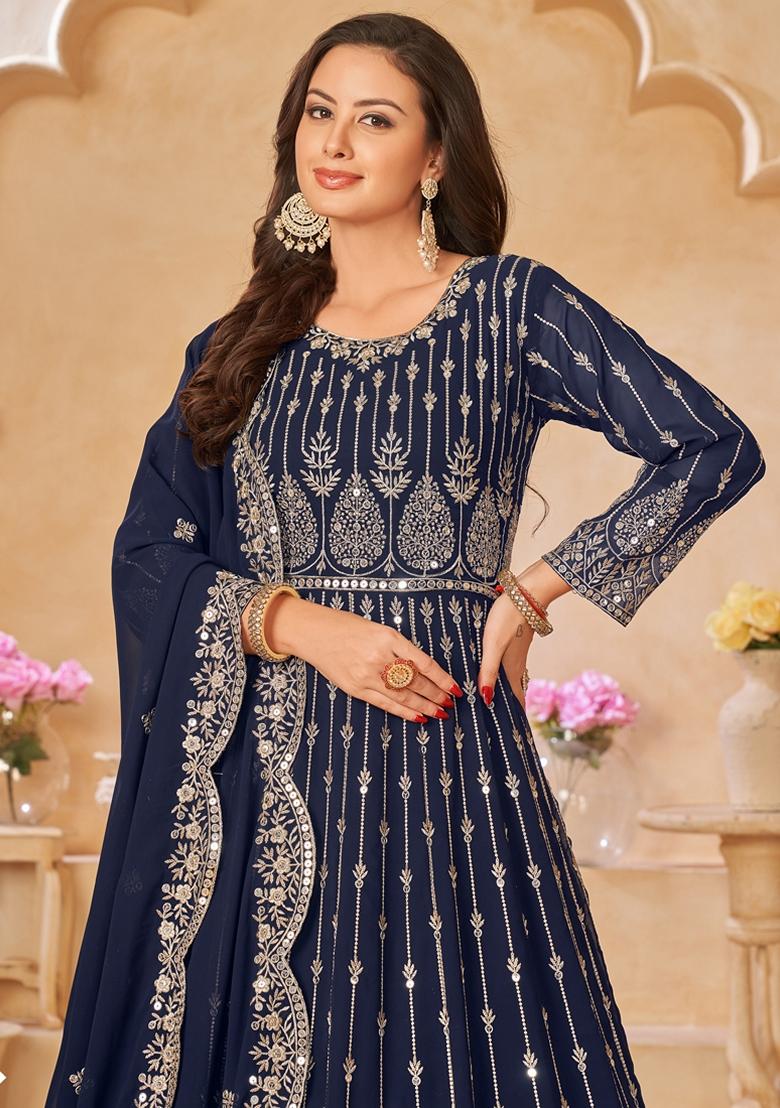 Navy Blue Embroidered Georgette Anarkali Gown Set