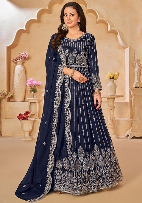 Navy Blue Embroidered Georgette Anarkali Gown Set